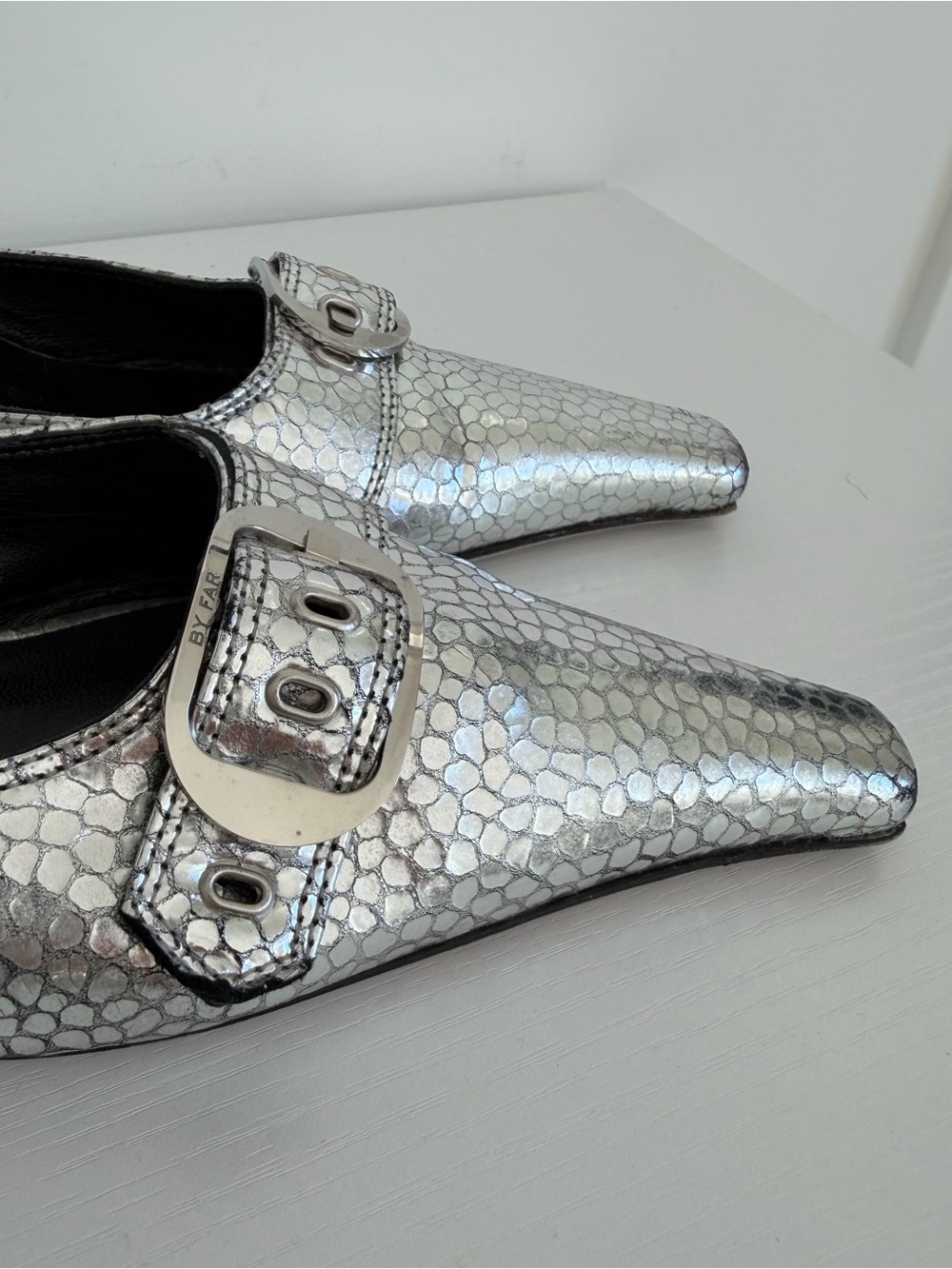BY FAR 39 Evelyn Metallic Silver Pointed-Toe Mule Heels with Buckle - Picture 12 of 13